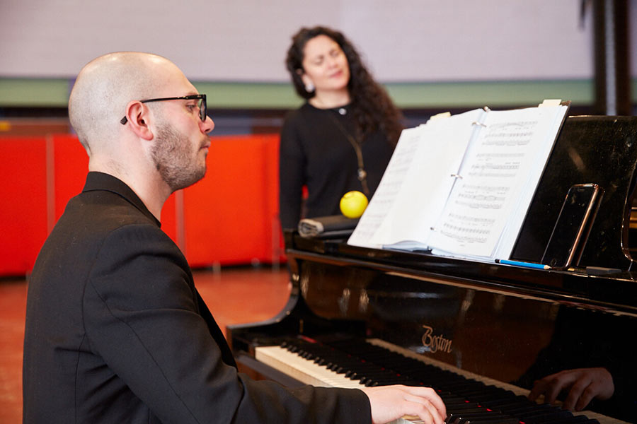 Music Director Topher Mokrzewski in rehearsal with Miriam Khalil at BOUND, photo Darryl Block